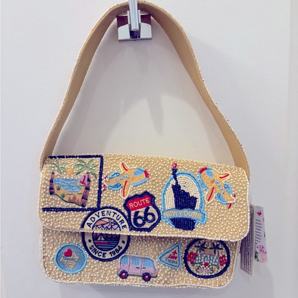NWT viral Travel Destination patches beaded shoulder bag - Picture 1 of 8